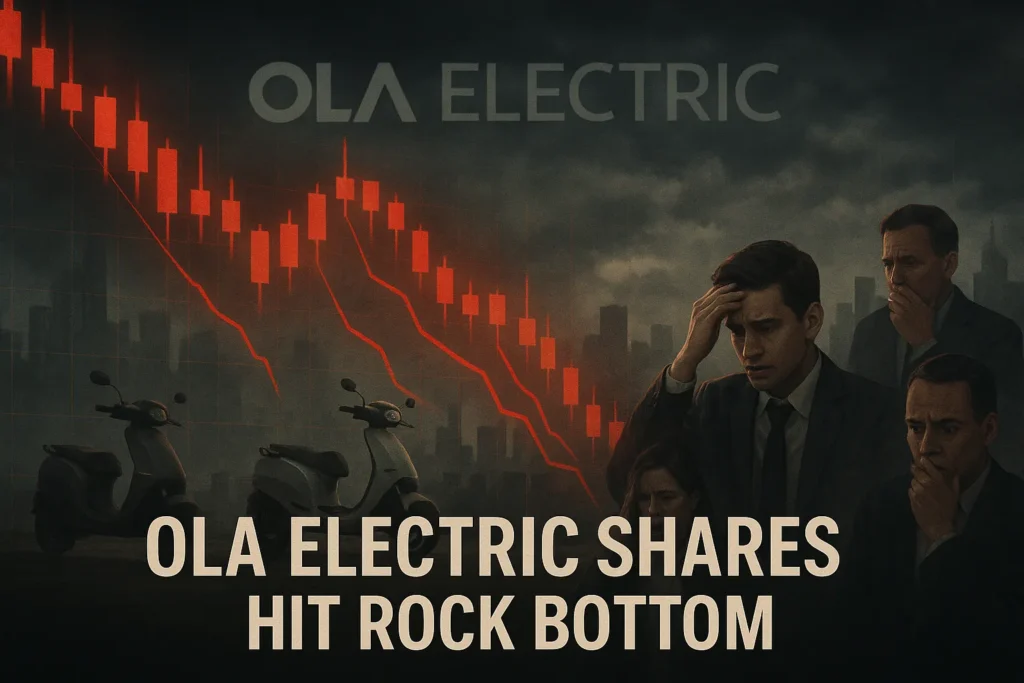 Ola Electric stock market crash visual with falling candlesticks and investor panic
